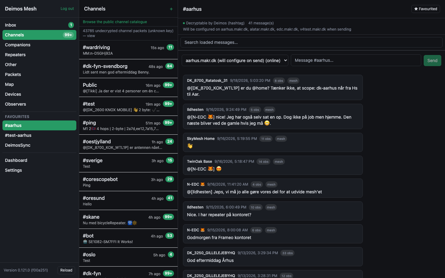 A MeshCore channel conversation showing decrypted messages with per-message observation counts, alongside a compose bar for sending through an enrolled gateway.