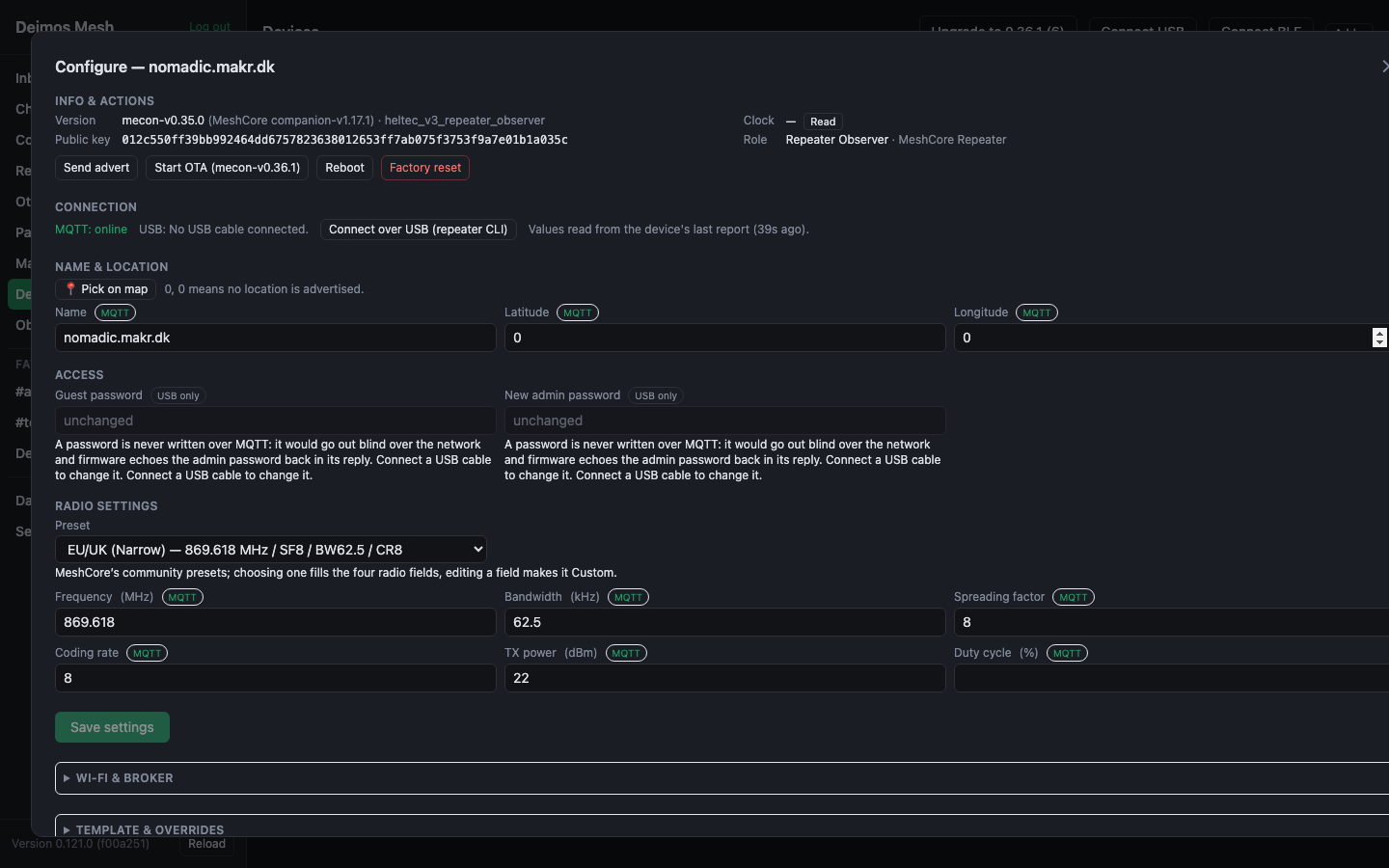 Remote device configuration page showing radio settings, name and location, and access fields for a Repeater, editable over MQTT or USB.