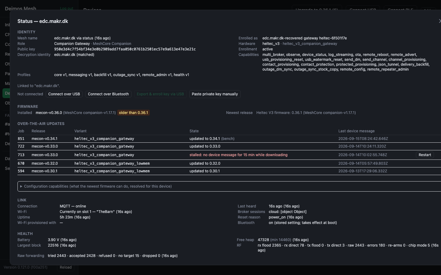 Device status page showing identity, firmware, connection health, over-the-air update history and reported crash diagnostics for one device.